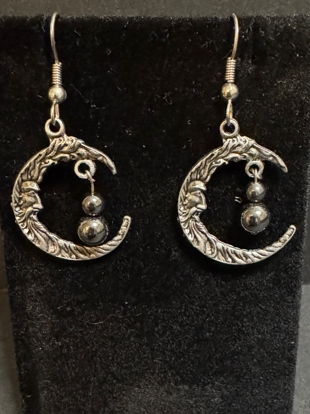 Silver-Tone Crescent Moon Man Dangle Earrings with Hematite Beads